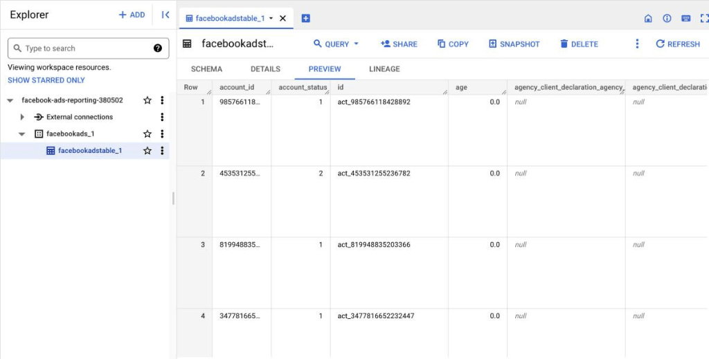 Facebook ads to bigquery - manual step 2.6