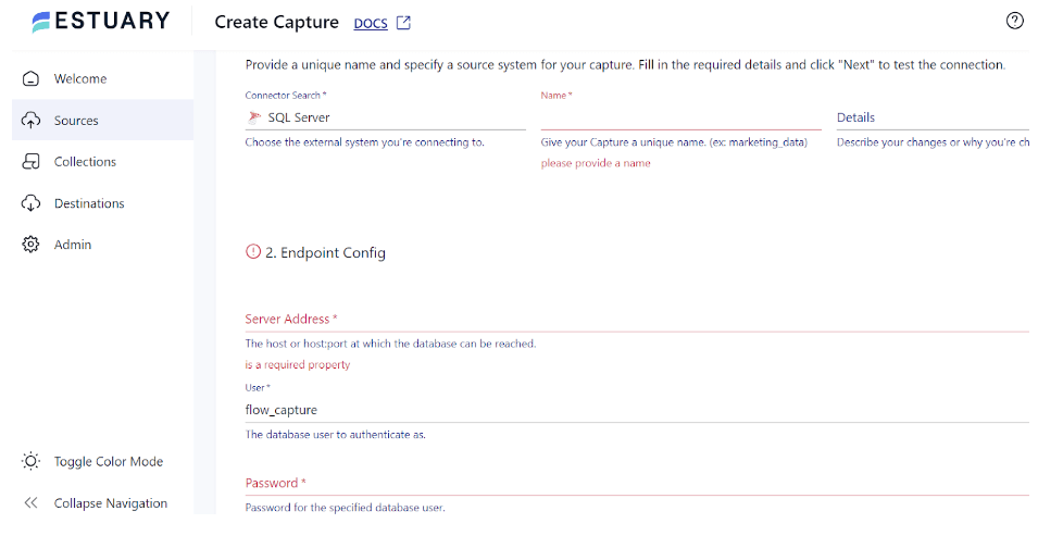 SQL Server Server to DynamoDB - Source specify details page