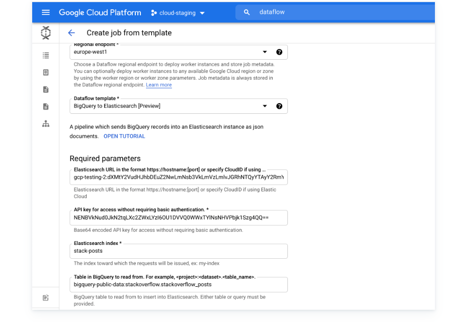 BigQuery to elasticsearch - Google Dataflow method - Run Job