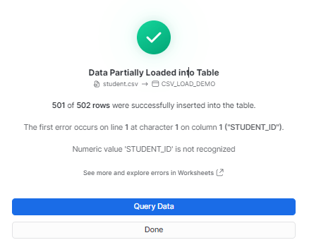 CSV to snowflake - Data loaded into table