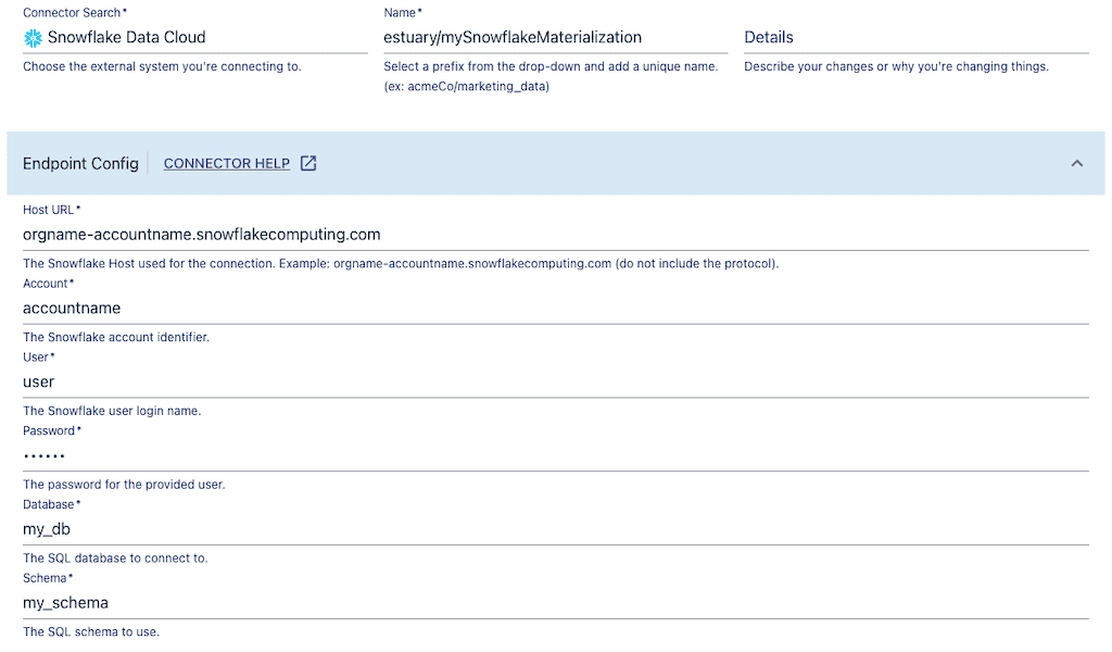 MySQL to Snwoflake - Materialization Details - Endpoint Configuration