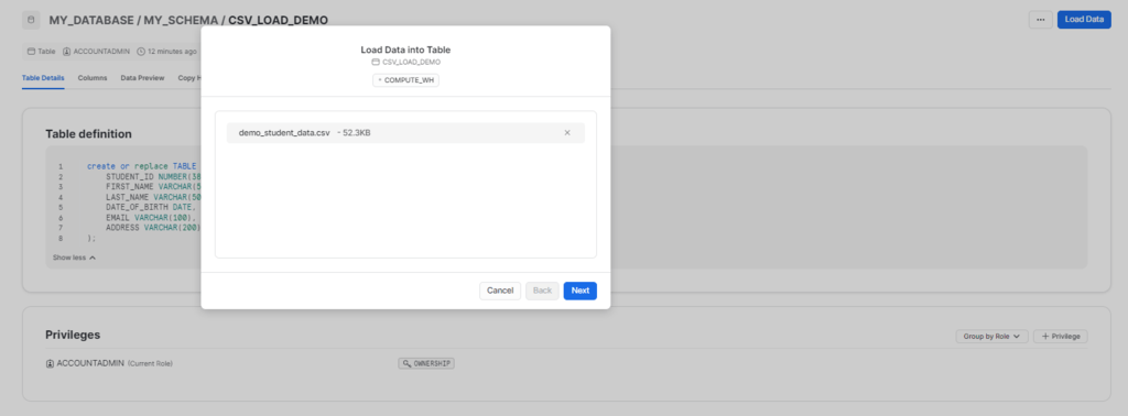 CSV to snowflake - Load Data Into Table